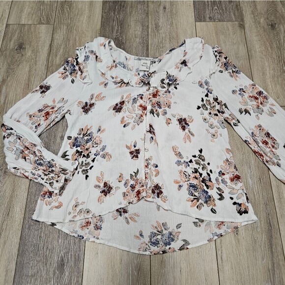 American Rag Floral Ruffle Button Up Peasant Relaxed Fit Top Women's Medium Boho - Picture 2 of 9